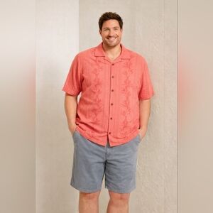 Tommy Bahama Cotton Blend Border Hawaiian Shirt Coral Tropical Button-Up